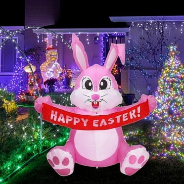 5Ft Easter Bunny Inflatable,Easter Blow Up Yard Decorations with LED Lights Easter Inflatable Pink