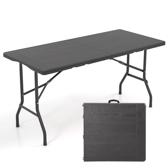 5Ft Folding Picnic Table, Hdpe Wood Grain Tabletop, Non-Slip Foot Pads, Portable Black Table