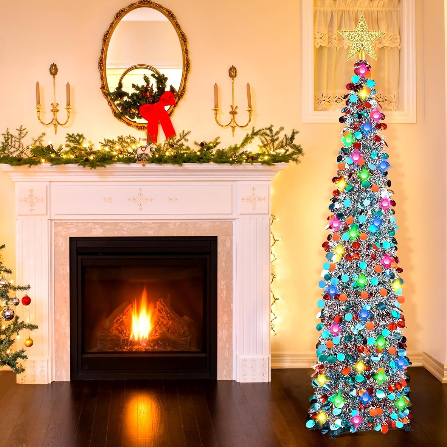 5Ft Glittering Pop Up Tinsel Christmas Tree with LED Lights, Sequins