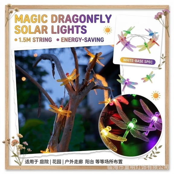 5Ft Long 10 Led Dragonfly Solar Powered String Light With Two Battery Boxes, Decorative Lighting With Mosquito Repellent Function For Outdoor Garden Patio Camping--