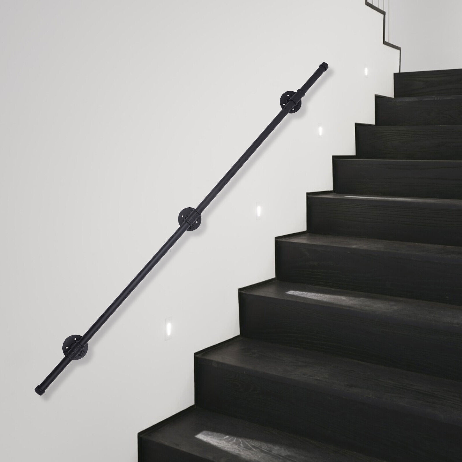 Industrial Pipe Stair Handrail - 5FT Wall Mounted, Black Iron, Heavy Duty, For Indoor/Outdoor Steps, Loft, Porch