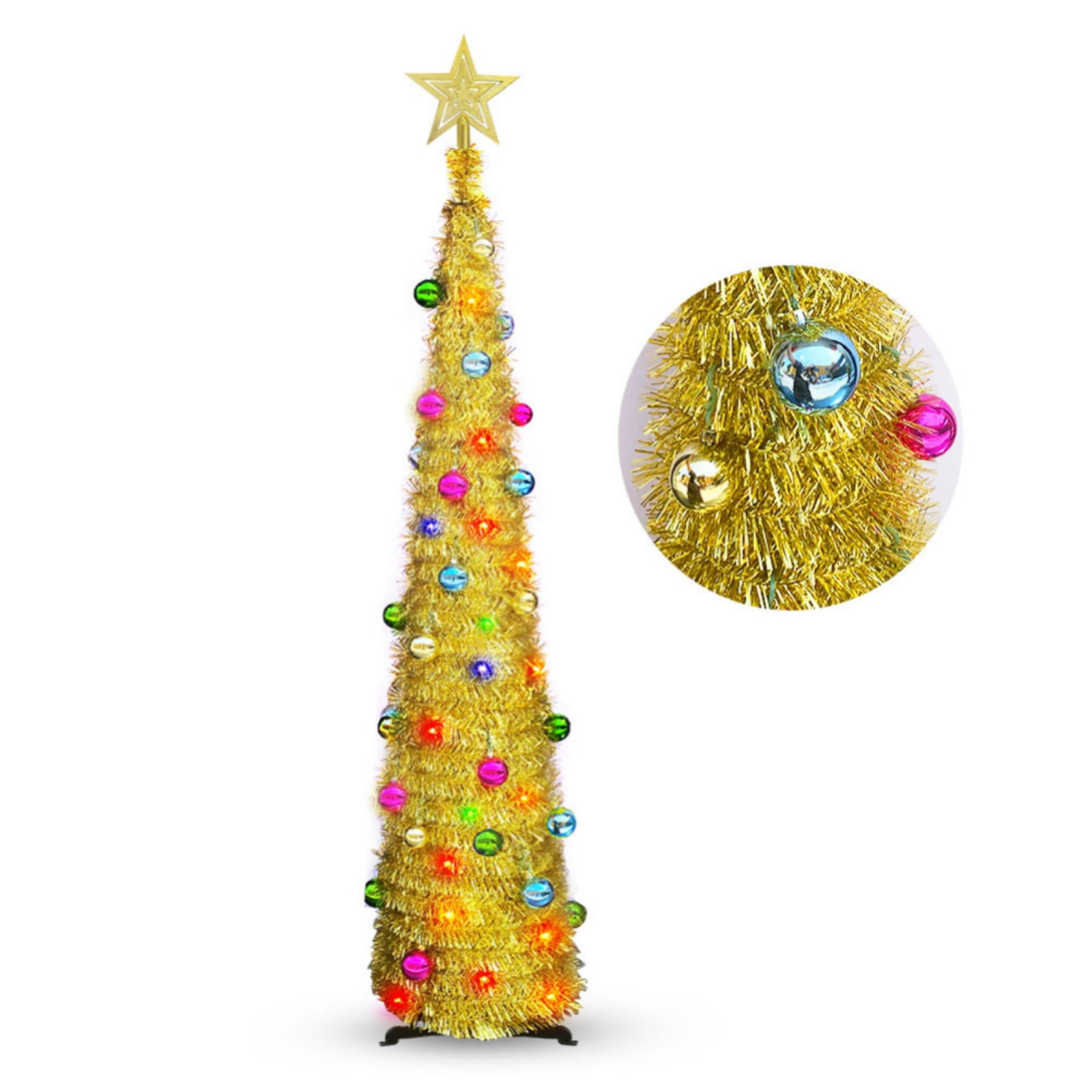 5Ft Pop Up Christmas Tree, Collapsible Christmas Tree with Timer 50 LED Colorful Light, Tinsel