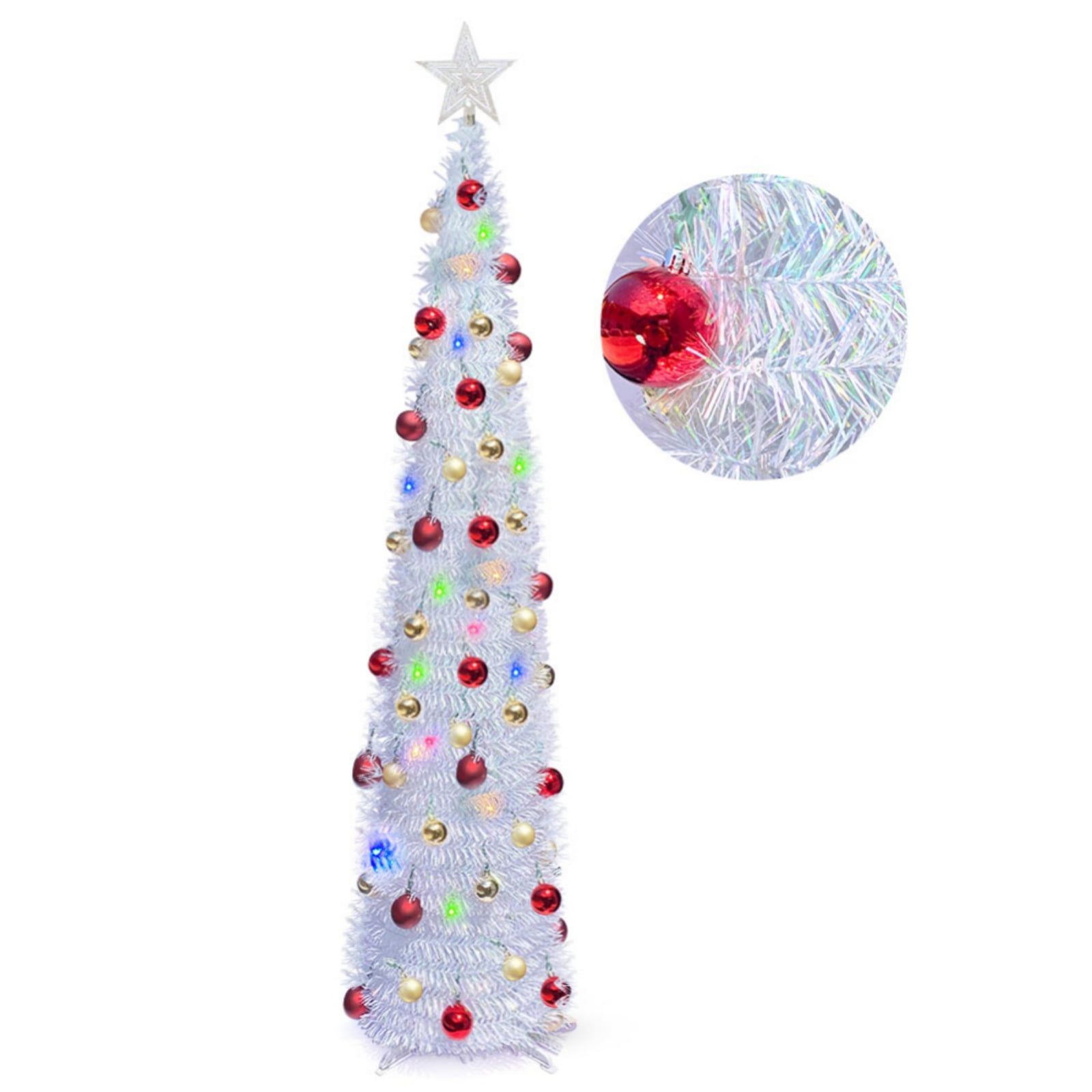 5Ft Pop Up Christmas Tree, Collapsible Christmas Tree with Timer 50 LED Colorful Light, Tinsel