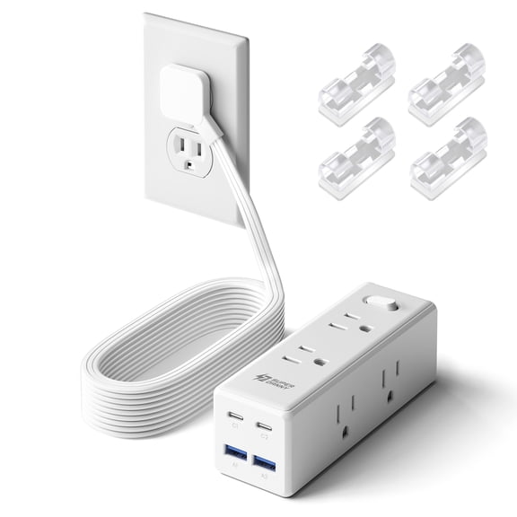 5Ft Power Strip with 6 Outlets & 4 USB (2 USB-C) - Flat Plug Surge Protector for Home Office Dorm - White