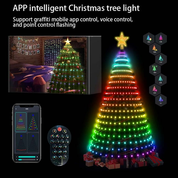 5Ft Smart Christmas Tree Lights - 400 LEDs with Remote & App Control - Music Sync, 11Modes - Green Wire, Suitable for Artificial Tree - Multicolor & Warm White for Indoor