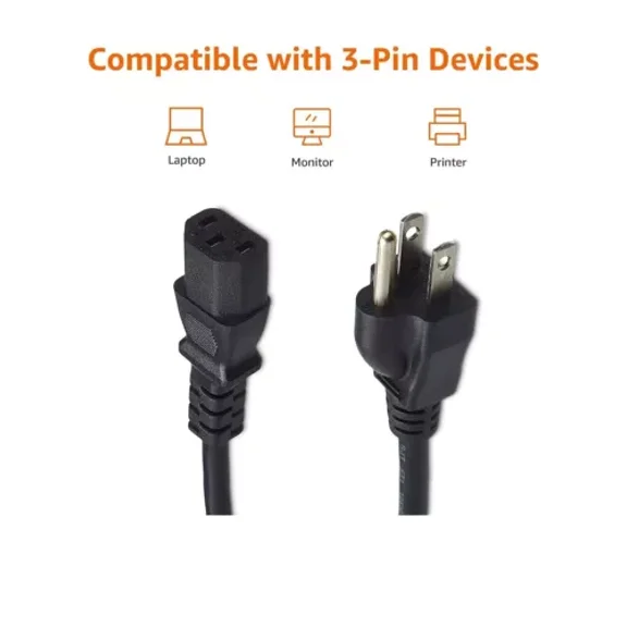 5Ft Standard Ac Power Cord Cable - 3 Prong Plug For Pc Computer Monitor & Gaming