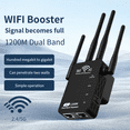 thumbnail image 1 of 5G 1200Mbps WiFi Extender with Private-Mold Copper-Tip Antennas, Dual Band WiFi Signal Booster for Home, US Plug (Black), 1 of 14