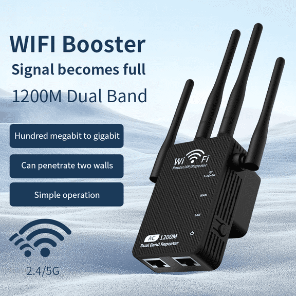 5G 1200Mbps WiFi Extender with Private-Mold Copper-Tip Antennas, Dual Band WiFi Signal Booster for Home, US Plug (Black)
