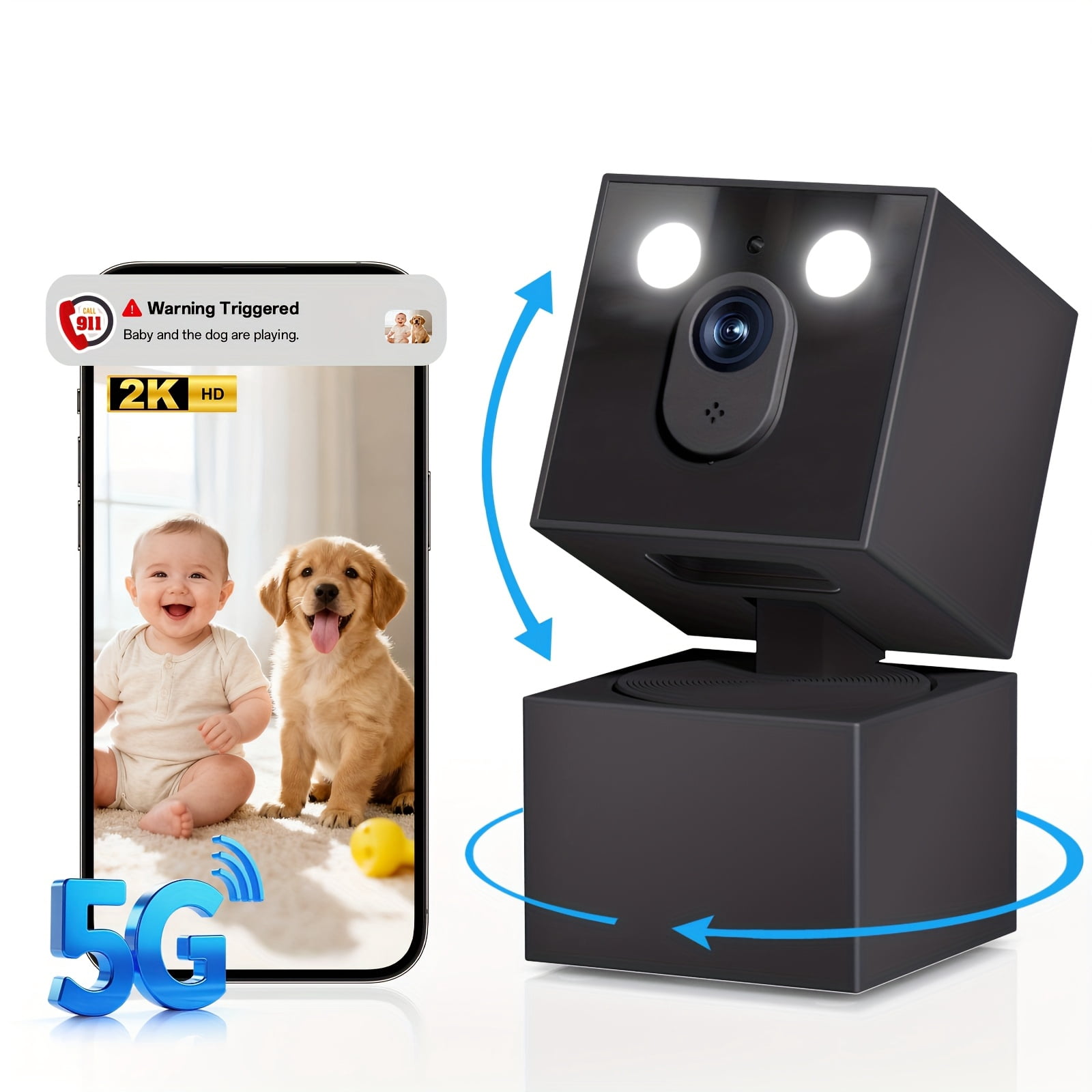 5G/2.4G WiFi Indoor Security Camera 2K, 360° Pan/Tilt Pet/Baby Monitor, AI Motion Tracking, 2-Way Audio, Color Night Vision, 24/7 Recording & 911 Alert (1/2 Pcs)