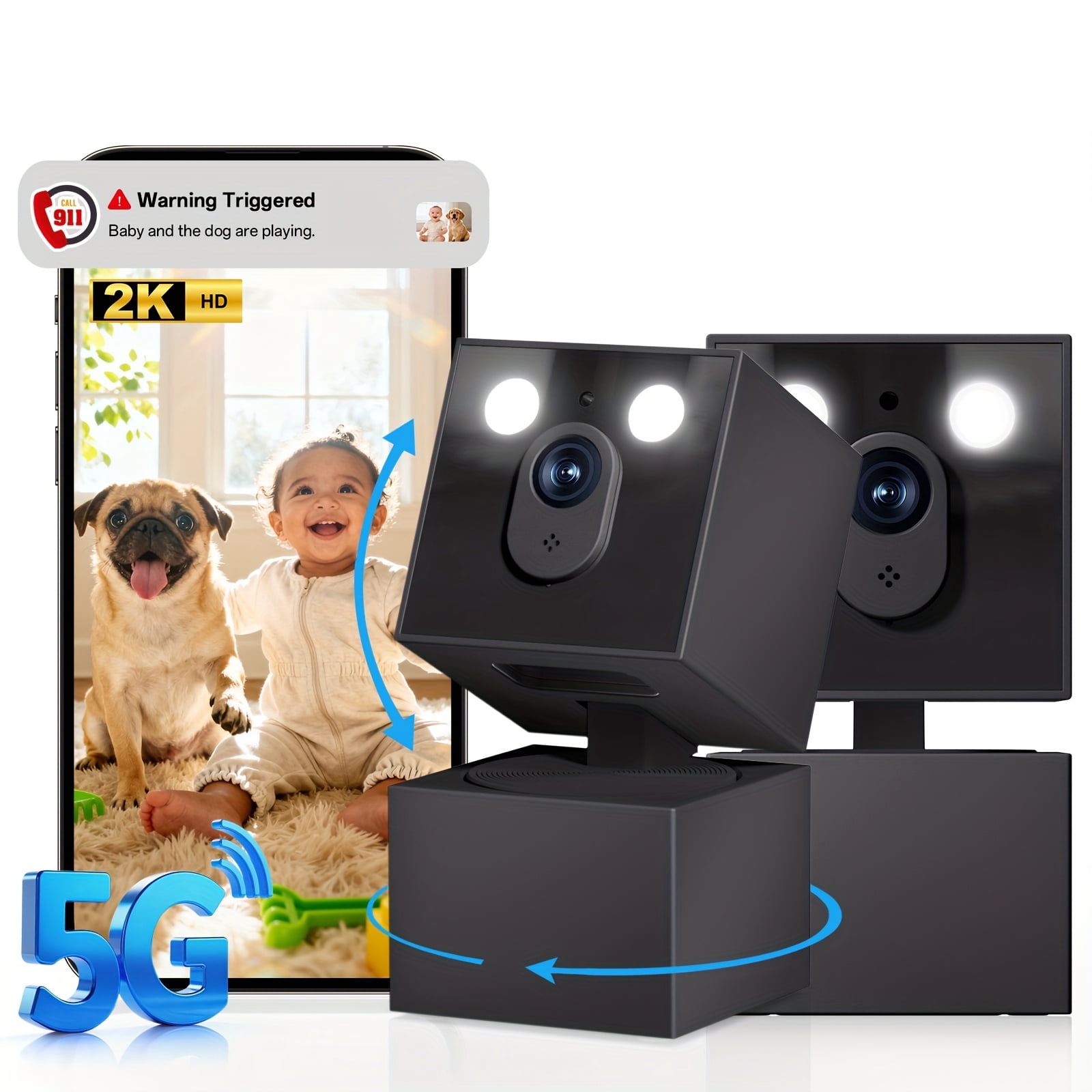 5G/2.4G WiFi Indoor Security Camera 2K, 360° Pan/Tilt Pet/Baby Monitor, AI Motion Tracking, 2-Way Audio, Color Night Vision, 24/7 Recording & 911 Alert (1/2 Pcs)
