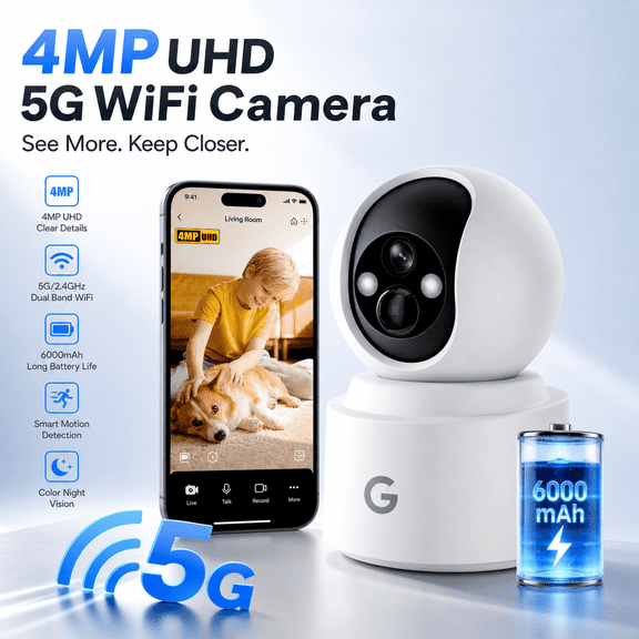 5G&2.4GHz WiFi Battery Powered Wireless Indoor Security Cam, PTZ Pet Camera with 6000mAh Rechargeable, 3K 4MP Color Night Vision, SD/Cloud Storage, 2-Way Audio, App Remote, Home/Pet/Baby Monitoring