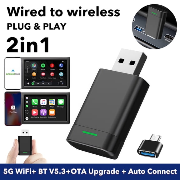 5G Chip 2-in-1 Wireless/Wired CarPlay Android Auto Adapter - Bluetooth 5.3 5.8GHz WiFi, Plug & Play Auto Reconnect for Audi Toyota Volkswagen iOS 11+/Android