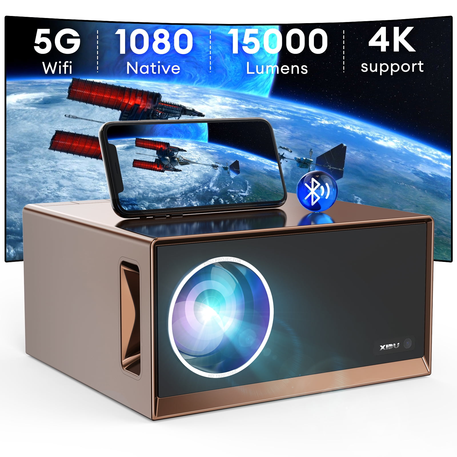 5G Native 1080P Portable Projector with WiFi and Bluetooth, XIDU 550 ANSI HD  Movie Projector Home Theater Video Projector Support 4k, 300'' Display,  for Indoor and Outdoor