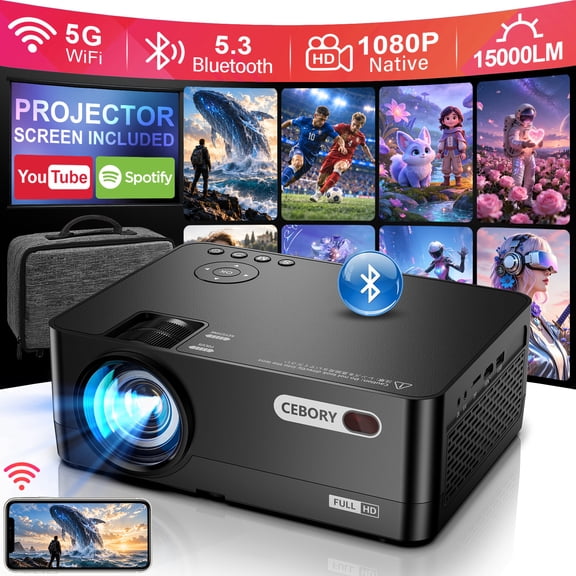 5G WiFi Bluetooth Projector (Projector Screen Included), CEBORY Native 1080P 15000LM 4k Support Movie Projector, 300" Display Full HD Home Theater