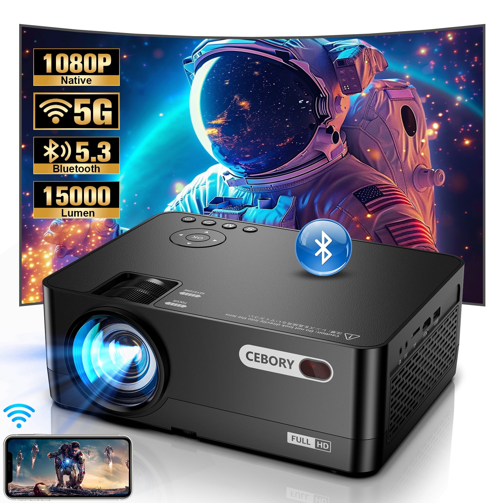 5G WiFi Bluetooth Projector (Projector Screen Included), CEBORY Native 1080P 15000LM 4k Support Movie Projector, 300" Display Full HD Home Theater