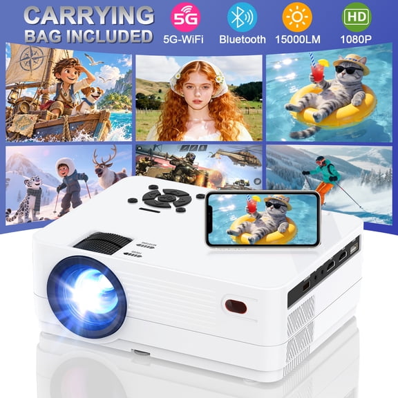 Native 1080P 5G WiFi Bluetooth Projector (Carrying Bag Included), 15000LM Full HD Movie Projector, LCD Technology 300" Display Support 4k Home Theater for Outdoor Movies