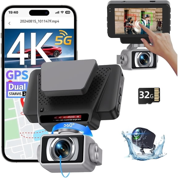 5G WiFi Dash Cam Front and Rear, UHD 4K+1080P, GPS Dashcam with ADAS, STARVISION 2 x HDR Night Vision, 360? Front with 32GB Card, 3" Touch Screen, 24H Parking Mode, Support 512GB