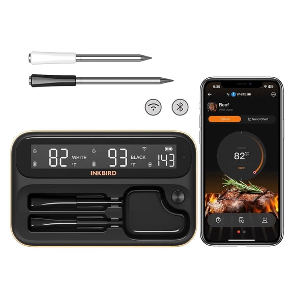 5G WiFi Wireless Meat Thermometer for BBQ/Gril/Oven/Smoker/Rotisserie, Unlimited Remote Control of Bluetooth 5.4 Meat Thermometer with 2 White & Black Probes