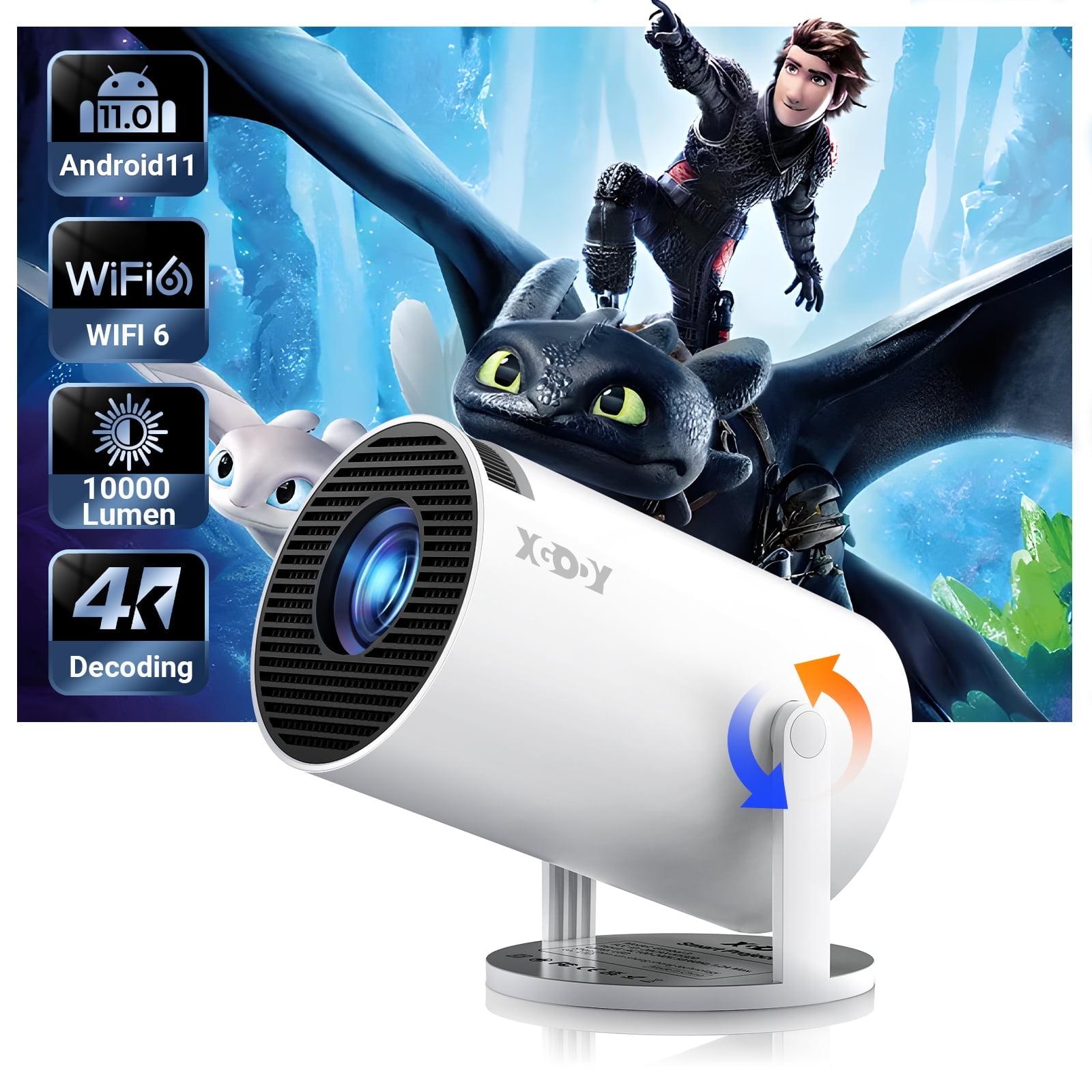 5G Wifi and Bluetooth Wireless Smart Projector Xgody HD 1080P Projector with Android TV 11.0 ,Home Theater Projector