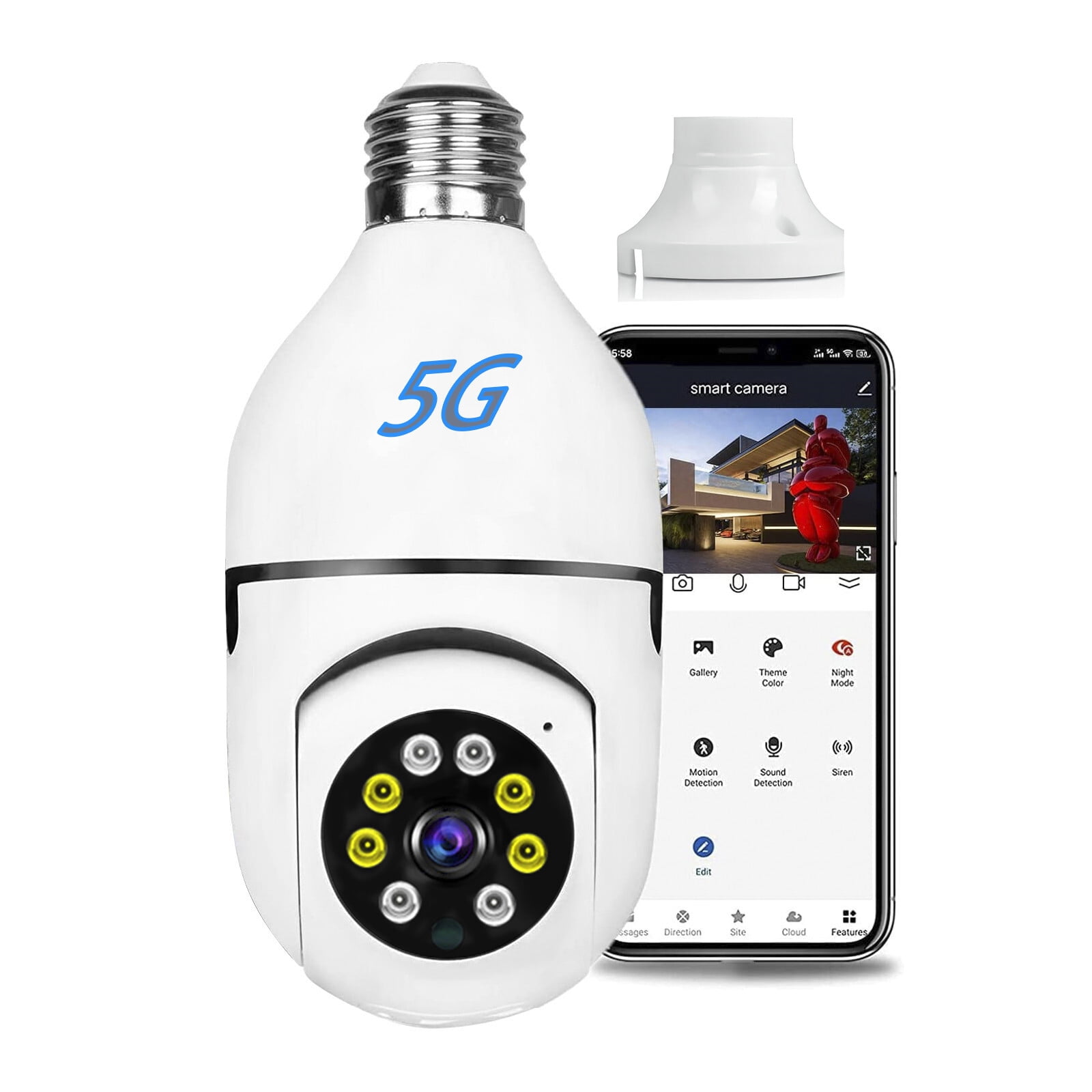 5G Wifi Surveillance Camera, E27 Light Bulb Camera, Wireless Waterproof IP65, Human Tracking Night Vision Security Camera (White) - Walmart.com