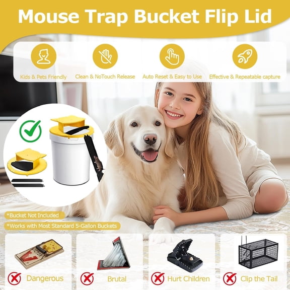 5Gallon Mouse Trap Bucket Lid Set, Auto Reset Reusable Humane Mouse & Rat Traps, MultiCatch Bucket Lid for Indoor and Outdoor Use, 4Pack