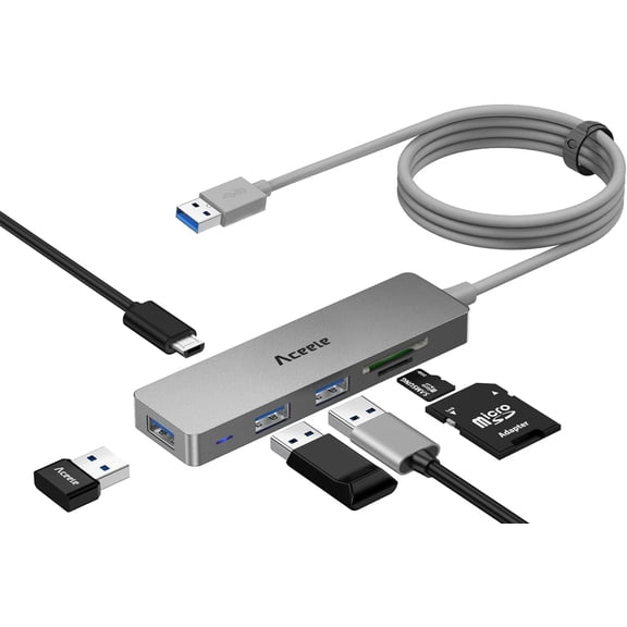 5Gbps USB 3.0 Hub, 6 in 1 Ultra Slim Data Hub with 4ft Extended Long Cable, Multiport Micro Powered Port, SD/TF Card Slot Compatible for PC, Laptop,