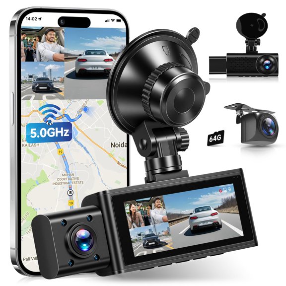 5Ghz WiFi 3.16" Dash Cam Front and Rear 3 Channel Dash Camera FHD 2.5K+1080P, Free 64GB Card Included, Built-in GPS, WiFi APP Control, IR Night Vision, G-Sensor, 24H Parking Mode