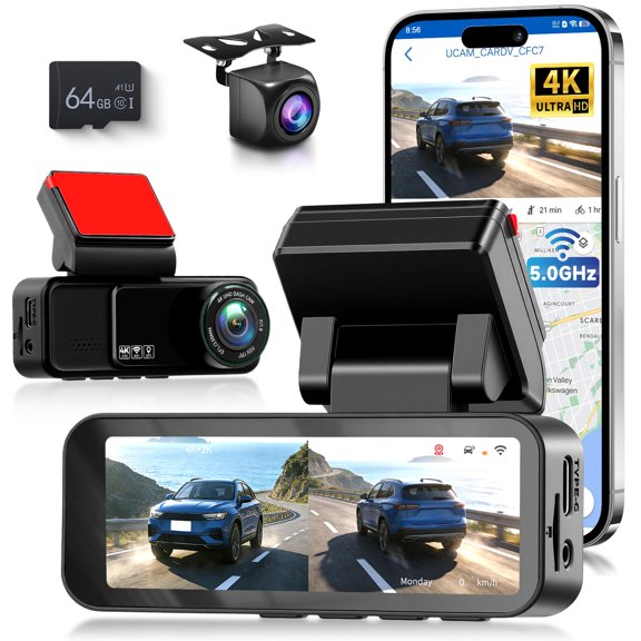 5Ghz WiFi 4K Dash Cam Front and Rear Full HD Dash Camera for Cars, Free 64GB Card, Built-in GPS/WiFi, 3.16" IPS Screen Dashcam Support App Control, G-Sensor, Night Vision, 24H Parking Mode