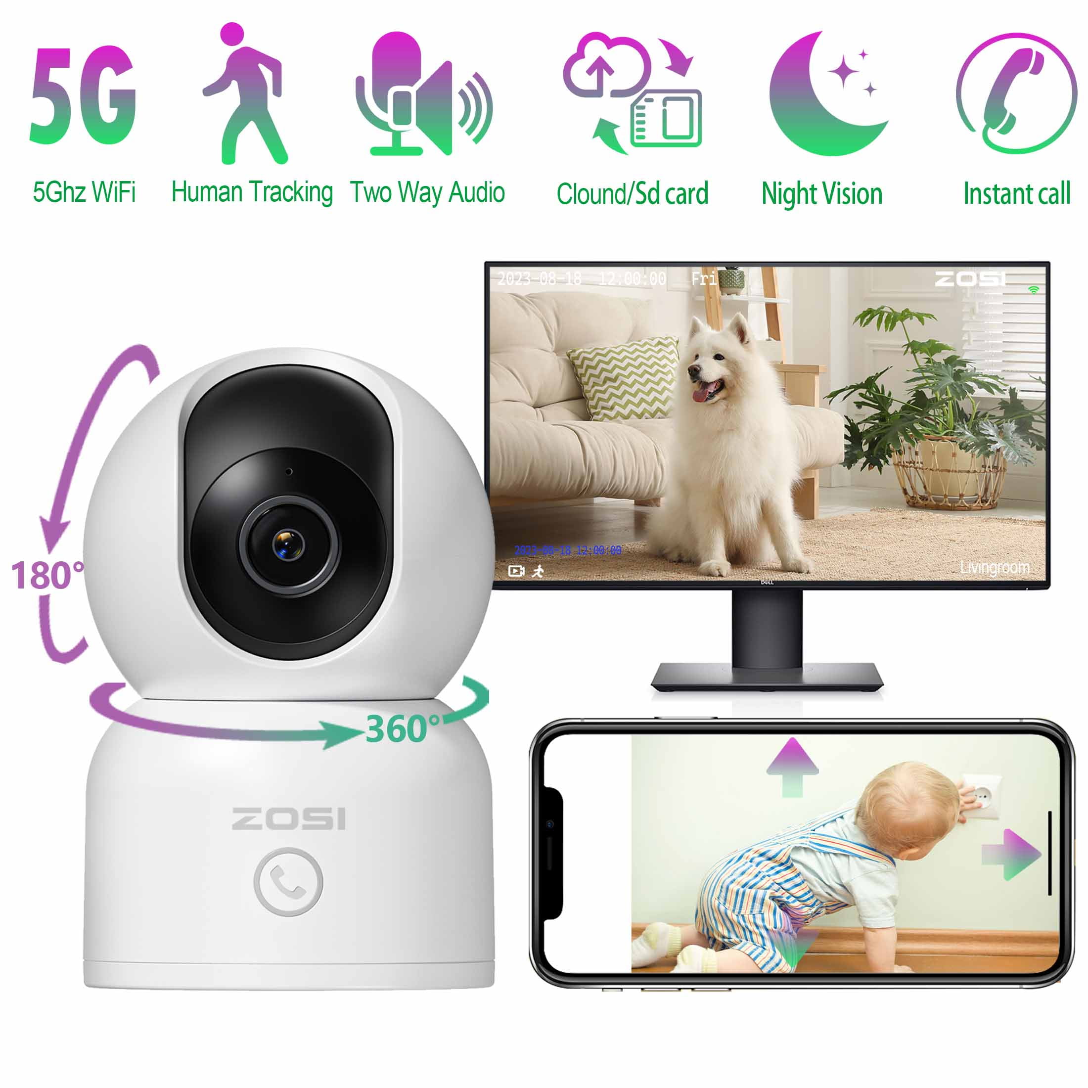 Baby Monitor, 360° Wireless 5G Nanny Cam with Safety Alerts