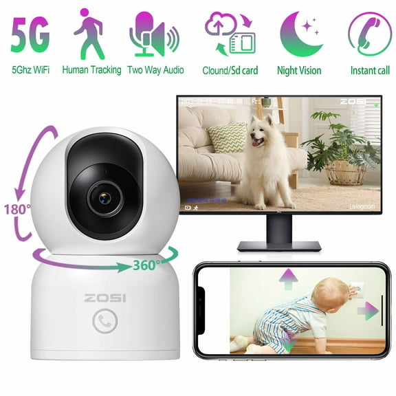 5Ghz WiFi Security Camera, ZOSI 3MP Baby/Pet Monitor, 2K 360°View WiFi Camera with PIR Motion Sensor,Pan/Tilt Indoor Camera for Home/Office, 2 Way Audio, Night Vision