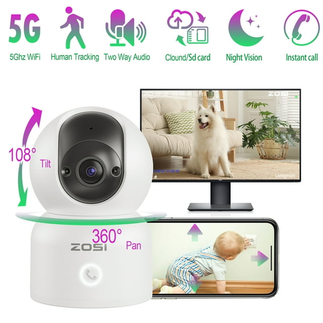 5Ghz Wireless Security Camera, ZOSI 3MP Baby/Pet Monitor, 2K 360°View