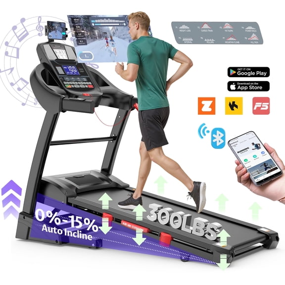 5HP Foldable Treadmill for Home 300LBS Capacity, 15% Auto Incline Treadmill w/ 71 Programs, Immersive Running Walking via App, Dual Deck for Shock-absorbing, 10MPH Portable Machine