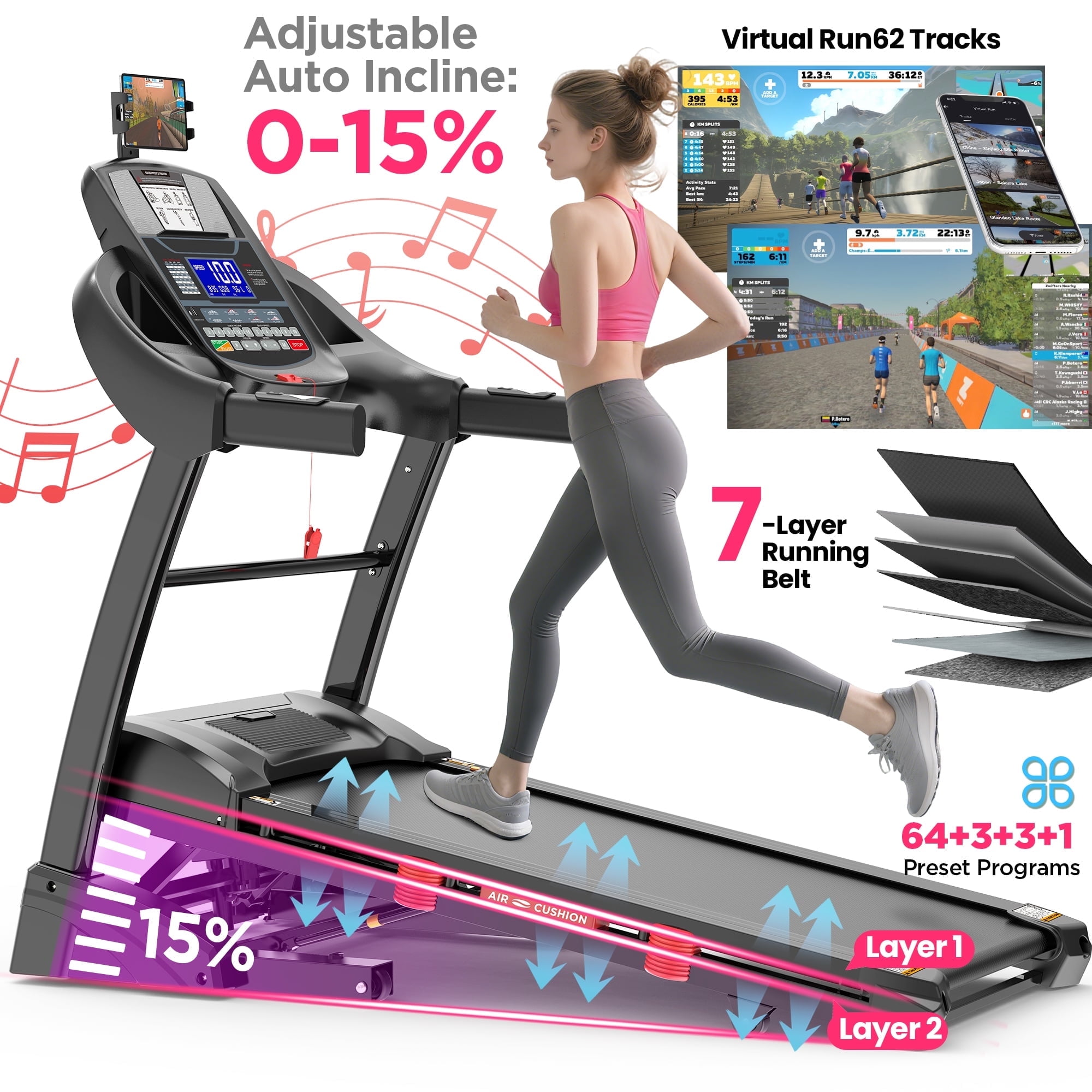 5HP Foldable Treadmill w/ 15% Auto Incline, 400LB Treadmill for Home Jogging Walking, Personalized App Control, 71 Programs,10MPH Fast Speed for Varied Workout Intensity, Shock Absorption Dual Deck