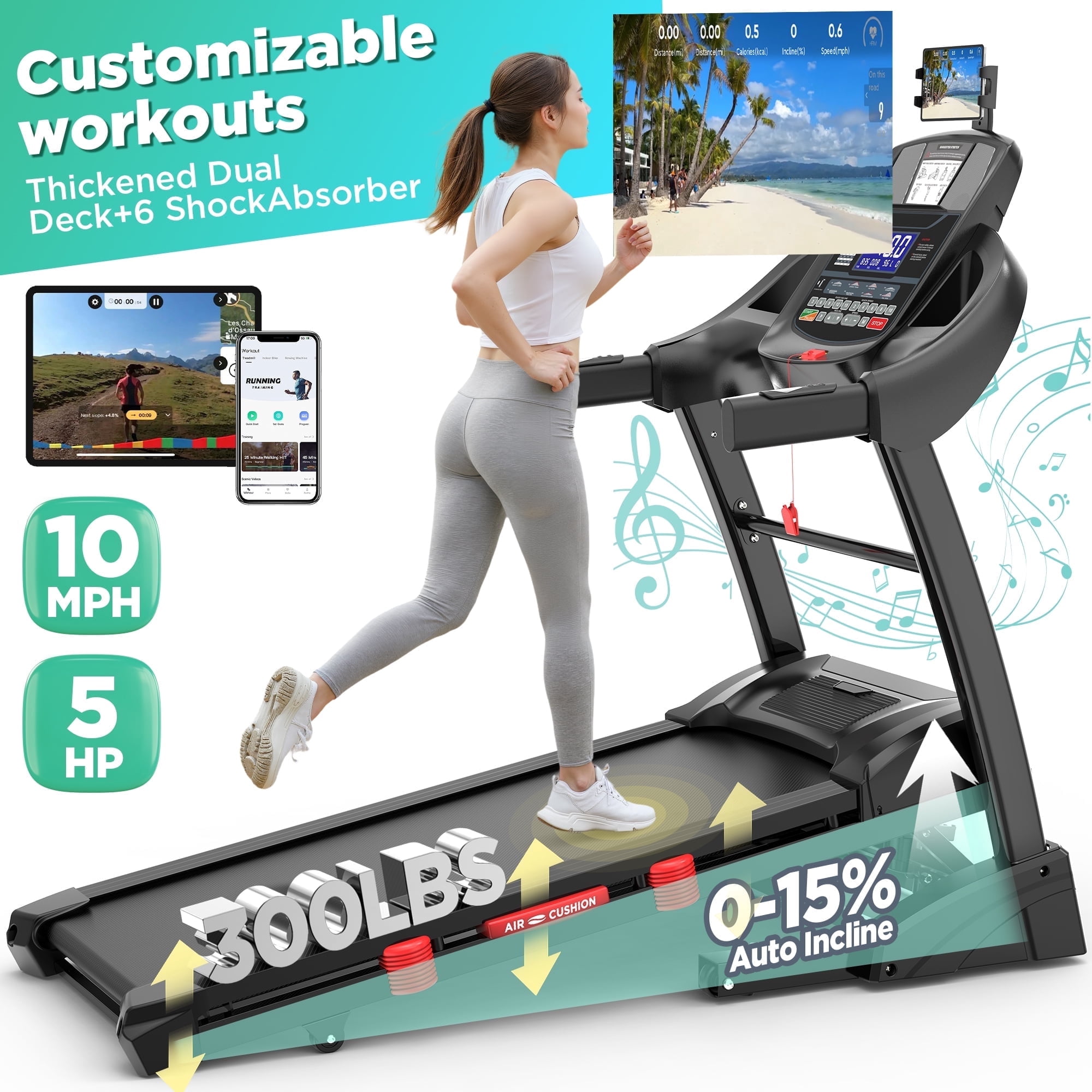 5HP Foldable Treadmill w/ 300lb Capacity, 15% Auto Incline Treadmill, Smart APP w/ Training Course, 10MPH, 71 Preset Programs - for Home or Office Use, Portable Running and Walking Machine