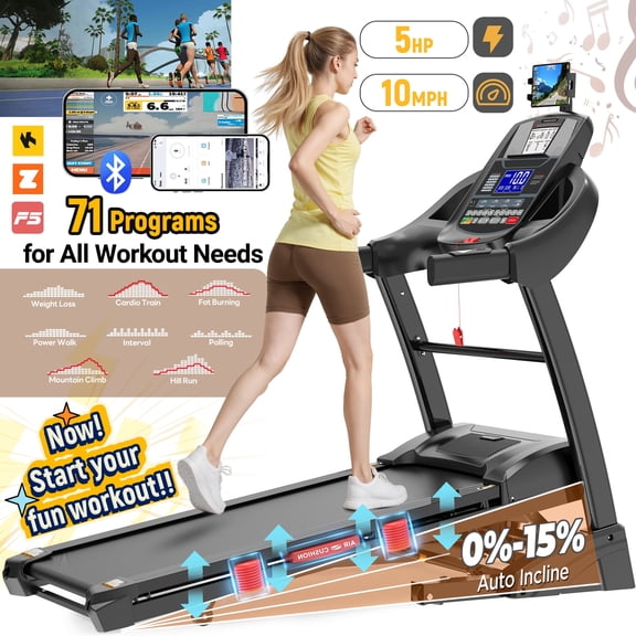 5HP Folding Treadmill with 300lb Capacity, Portable Treadmill with 15-Level Auto Incline, 64+7 Preset Programs, APP Control - Home Jogging and Walking Machine, 10MPH Speed, Dual HiFi Speakers