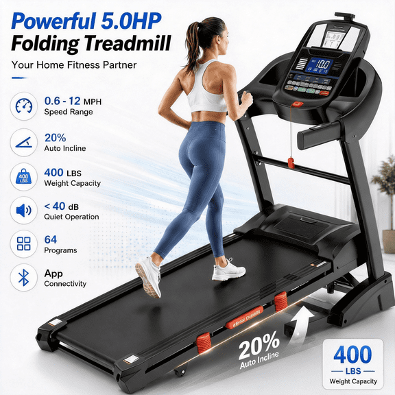 5HP Folding Treadmill for Home with 20Level Auto Incline, 12 MPH Speed, 400 lbs Capacity, 51" x 18" Wide Running Belt, APP Control, Bluetooth Speakers