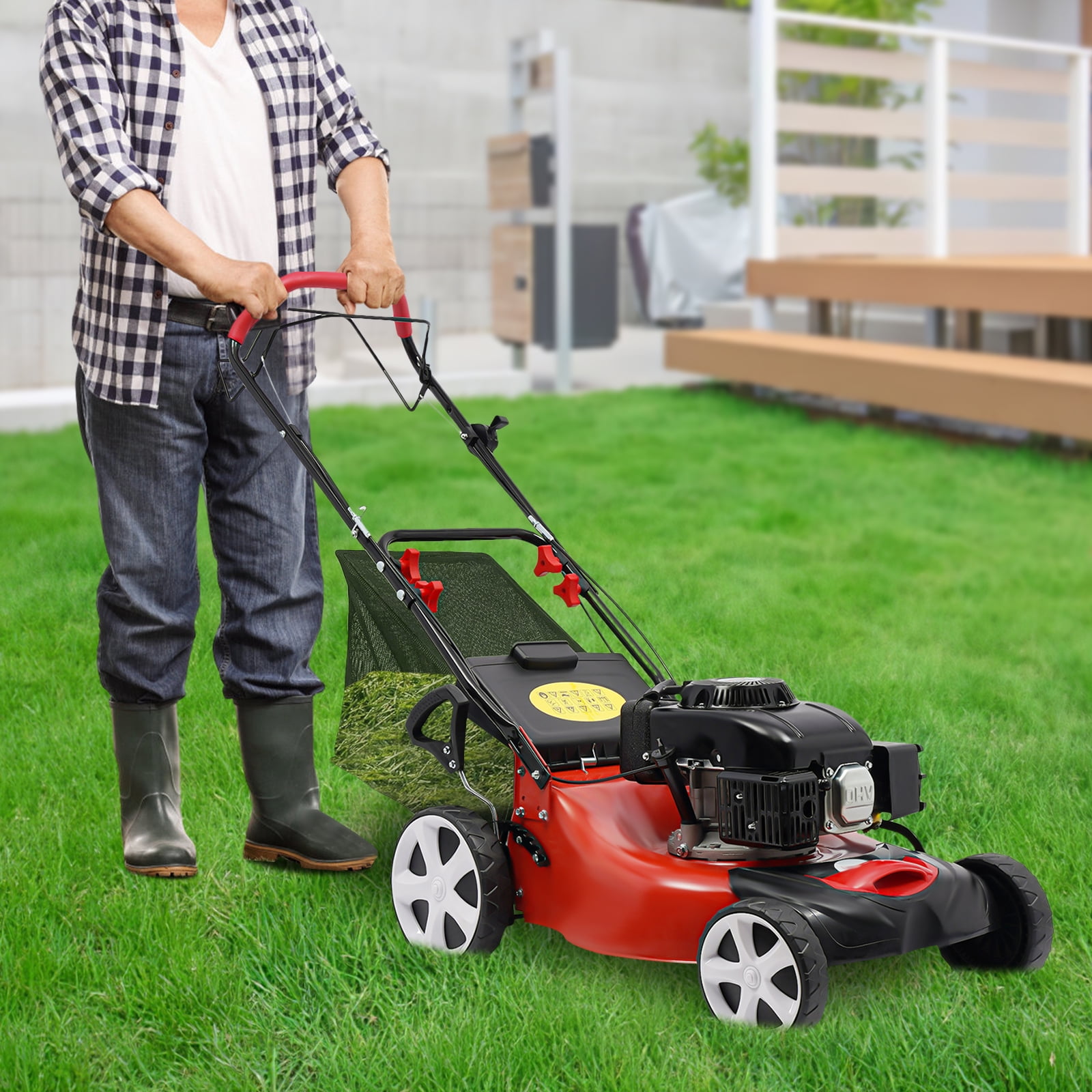 5HP Gas Lawn Mower with 51cm Cutting Width, 60L Collection Bag, Adjustable Height, Durable Steel & Nylon Construction for Efficient Weeding