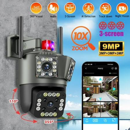5K 12 Megapixel WiFi Camera Wireless Outdoor 10x Zoom, Auto Tracking, Weather Protection, Two-Way Talk, First Triple Lens Security Camera