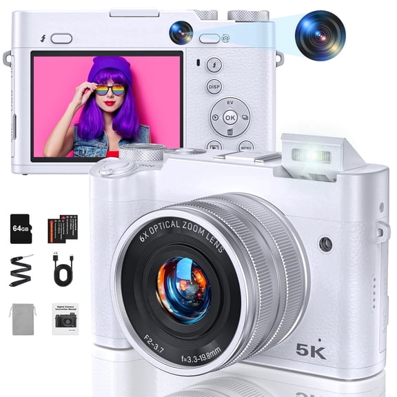 5K 64MP Digital Camera with Dual Front/Rear Lenses - Autofocus, Anti-Shake, Vlogging for YouTube, Includes 64GB SD Card & Flash (White)