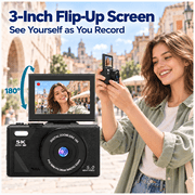 5K 75MP WiFi Vlogging Camera, 180 Degree Flip Screen, 18X Digital Zoom, 2 Batteries