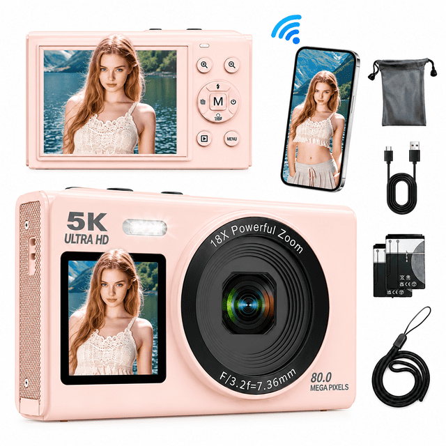 Panel Camera Moving 5K 80MP Digital Camera, Dual Screen WiFi Point-and-Shoot Camera with ...
