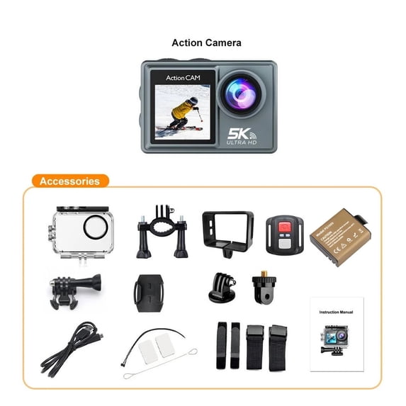 5K Action Camera 4K60FPS Dual IPS Touch LCD WiFi 170° 30M Waterproof 5X ...