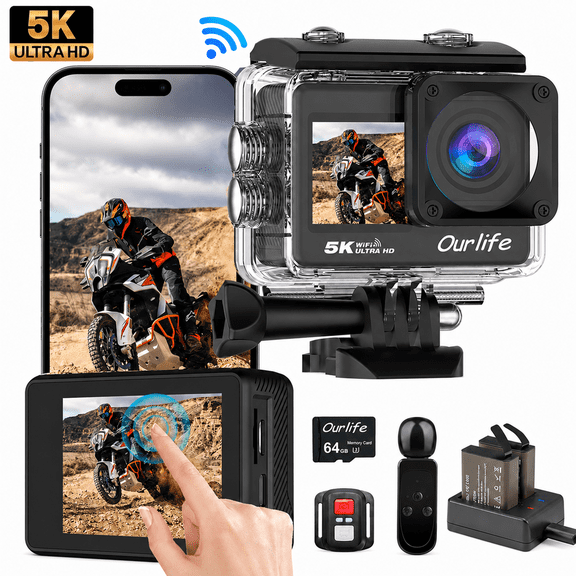 5K Action Camera 50MP Ultra HD, Dual Screen 2.0" Touch, 6-Axis EIS Stabilization, WiFi App Remote Control, 170° Wide Angle, 2 Batteries, 100ft Waterproof, for Cycling, Swimming, Travel Vlogging