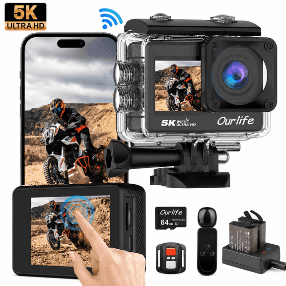 Ourlife 5K Action Camera, 50MP Ultra HD, Dual Touch Screen, 6-Axis EIS, WiFi App, 170° Wide Angle, External Mic, 64GB Card, 2 Batteries