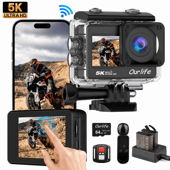 5K Action Camera, 50MP Ultra HD, Dual Touch Screen, 6-Axis EIS, WiFi App, 170° Wide Angle, 100ft Waterproof, 2 Batteries, 64GB Card, with External Mic