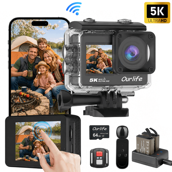 Ourlife Action Camera, 5K 50MP Ultra HD, Dual Touch Screen, 170° Wide Angle, 6-Axis Eis, Wifi App, External Mic, 64GB Card, 2 Batteries