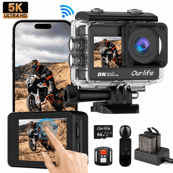 Ourlife Action Camera, 5K 50MP Ultra HD, Dual Touch Screen, 170° Wide Angle, 6-Axis Eis, Wifi App, External Mic, 64GB Card, 2 Batteries