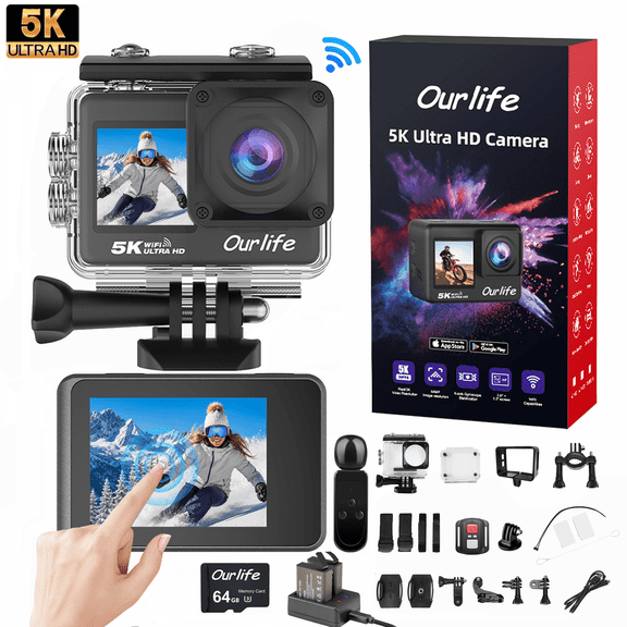 Ourlife 5K Action Camera, 50MP Dual Screen, 2.0" Touchscreen, 100FT Waterproof, EIS, WiFi, Remote, 64GB Card, 2 Batteries