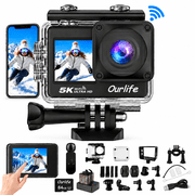 Ourlife 5K Action Camera, 50MP Dual Screen, 2.0" Touchscreen, 100FT Waterproof, EIS, WiFi, Remote, 64GB Card, 2 Batteries