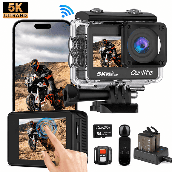 5K Action Camera, 50MP Ultra HD Waterproof Camera with Dual Touch Screen, 6-Axis Eis, Wifi App, 170° Wide Angle, External Mic, 64GB Card, 2 Batteries